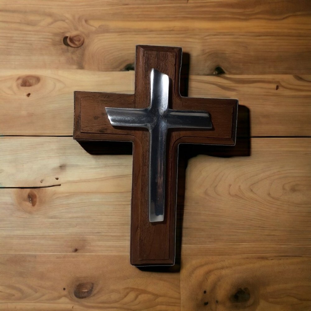 Christian Cross Rustic Wood and Metal Guadalajara Mexico Souvenir 8.5" Religious